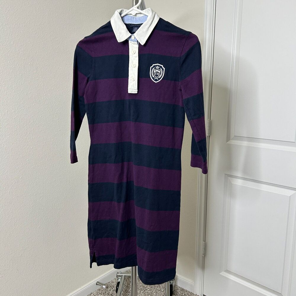 Tommy Hilfiger Dress Womens XS Purple Navy Rugby Stripe Polo Preppy Crest Knit